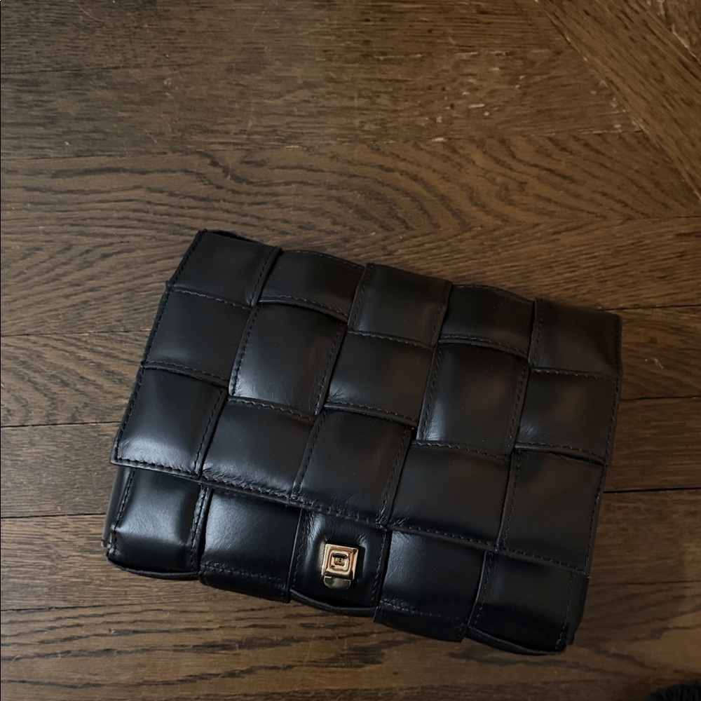 Black Padded Woven Leather Crossbody Bag With Gold Chain Strap